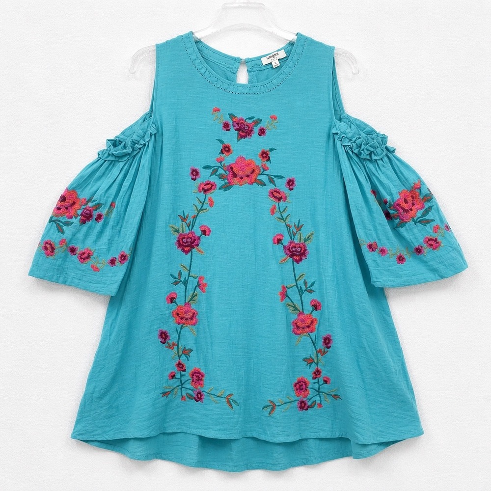 Umgee Turquoise Floral Embroidered Cold Shoulder Bell Sleeve Top A4134 Large - Picture 2 of 8